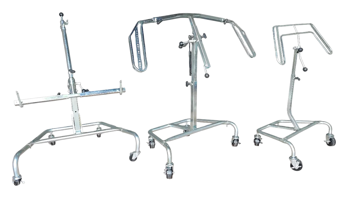 Three custom mobile trolleys built from bent tube, each with a different support arm